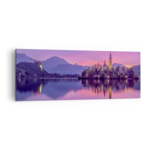 Impression sur toile - Image sur toile - Lac avec une île et une église au coucher du soleil - 140x50cm - Une île de conte de fées au crépuscule - Décoration murale moderne pour le salon et la chambre ARTTOR
