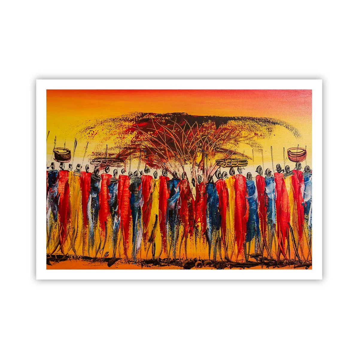 Affiche - Poster - Une scène colorée avec des personnages africains sur fond de soleil couchant. - 100x70cm - Là-bas, là-bas, ils vont là-bas - Décoration murale moderne pour le salon et la chambre ARTTOR