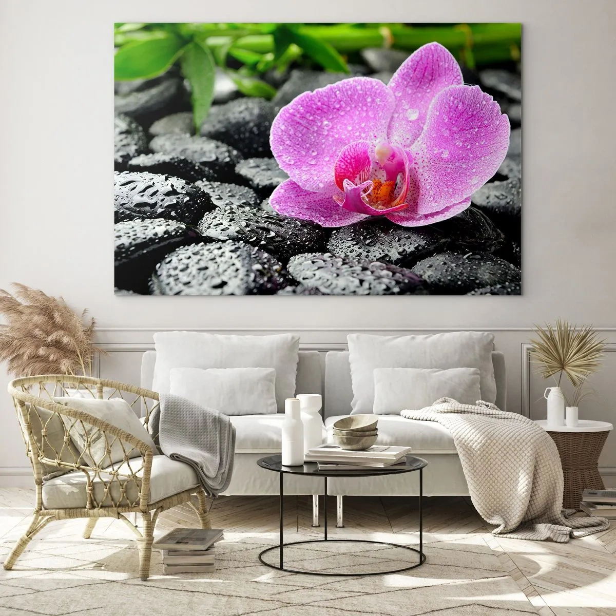 Impression sur verre - Image sur verre - Fleur d'orchidée rose sur des pierres noires humides - 120x80cm - Comme un coeur ouvert - Décoration murale moderne pour le salon et la chambre ARTTOR