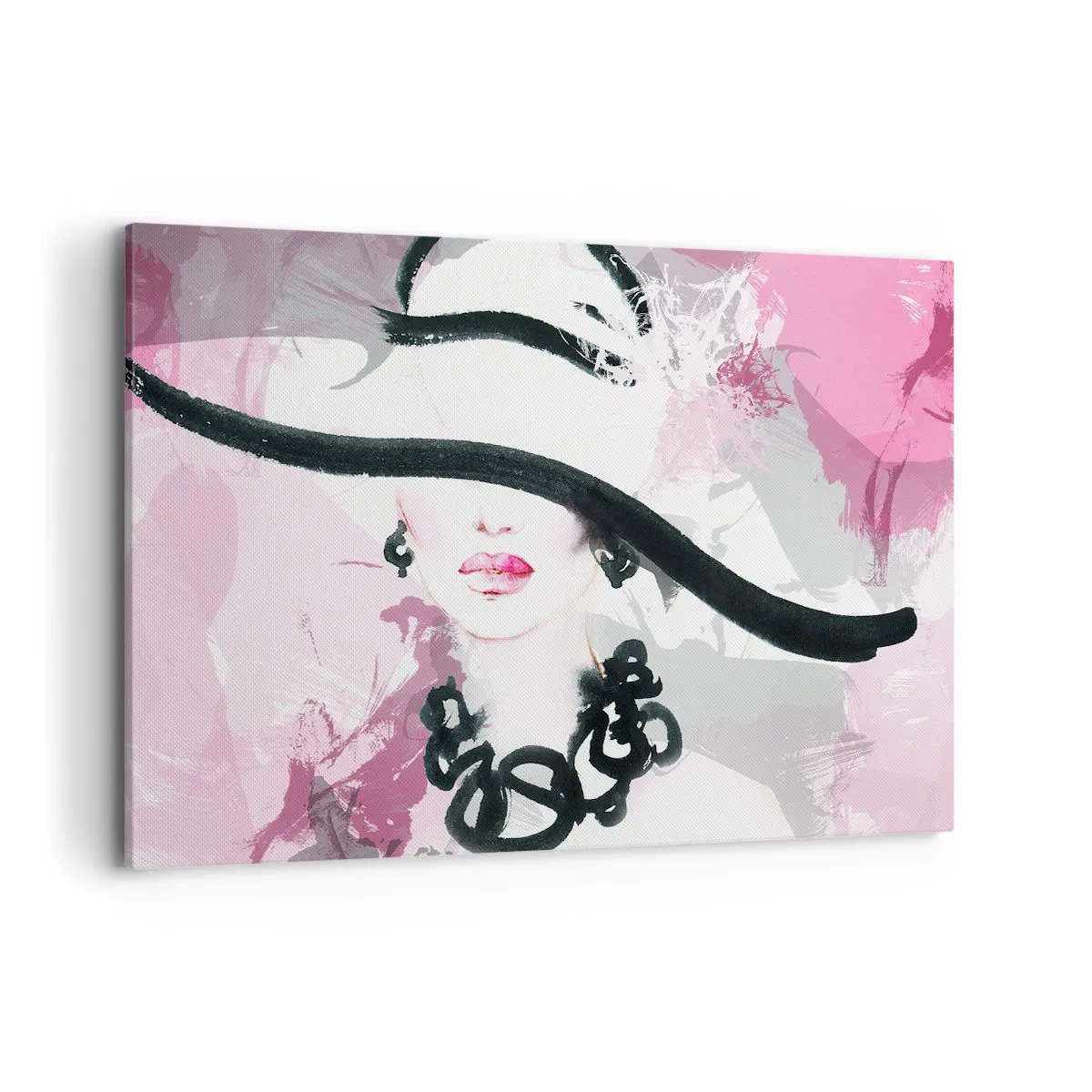 Impression sur toile - Image sur toile - Une femme élégante avec un chapeau sur un fond d'abstractions roses. - 100x70cm - Portrait d'une dame en noir et rose - Décoration murale moderne pour le salon et la chambre ARTTOR