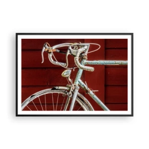 Affiche dans un cadre noir - Poster - Un vélo vintage contre un mur en bois rouge - 100x70cm - Construit pour la victoire - Décoration murale moderne pour le salon et la chambre ARTTOR