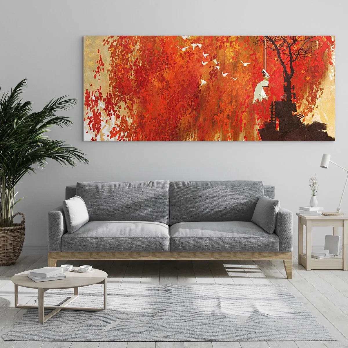 Impression sur verre - Image sur verre - Une silhouette sur une balançoire près d'un arbre entouré de feuilles rouges - 160x50cm - S'envolera-t-il avec eux ? - Décoration murale moderne pour le salon et la chambre ARTTOR