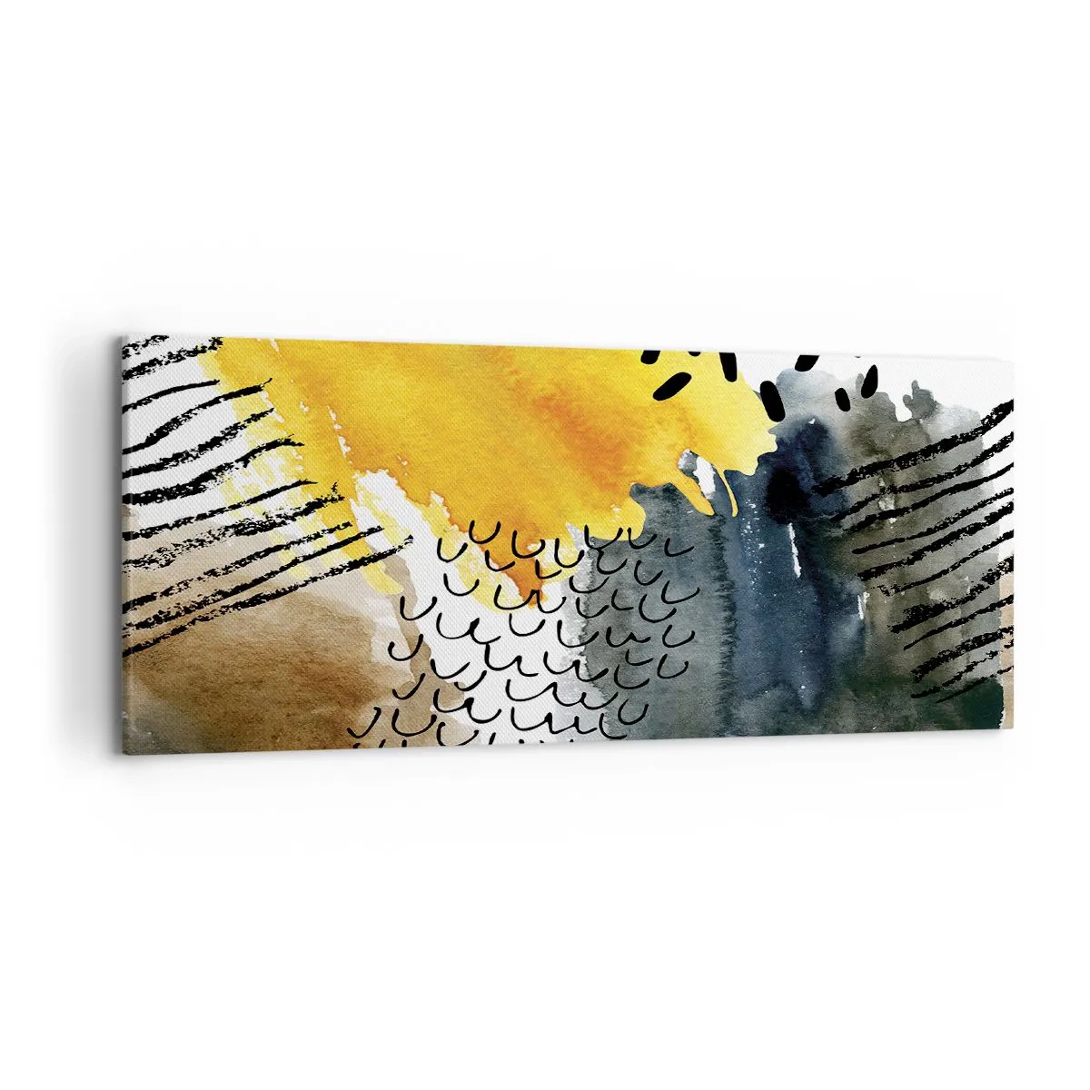 Impression sur toile - Image sur toile - Une composition abstraite avec des accents jaunes et des motifs graphiques. - 120x50cm - Rencontre des éléments - Décoration murale moderne pour le salon et la chambre ARTTOR