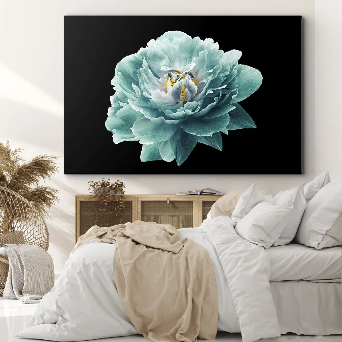 Impression sur toile - Image sur toile - Fleur de pivoine turquoise sur fond noir - 70x50cm - Pétales bleus et dorés - Décoration murale moderne pour le salon et la chambre ARTTOR