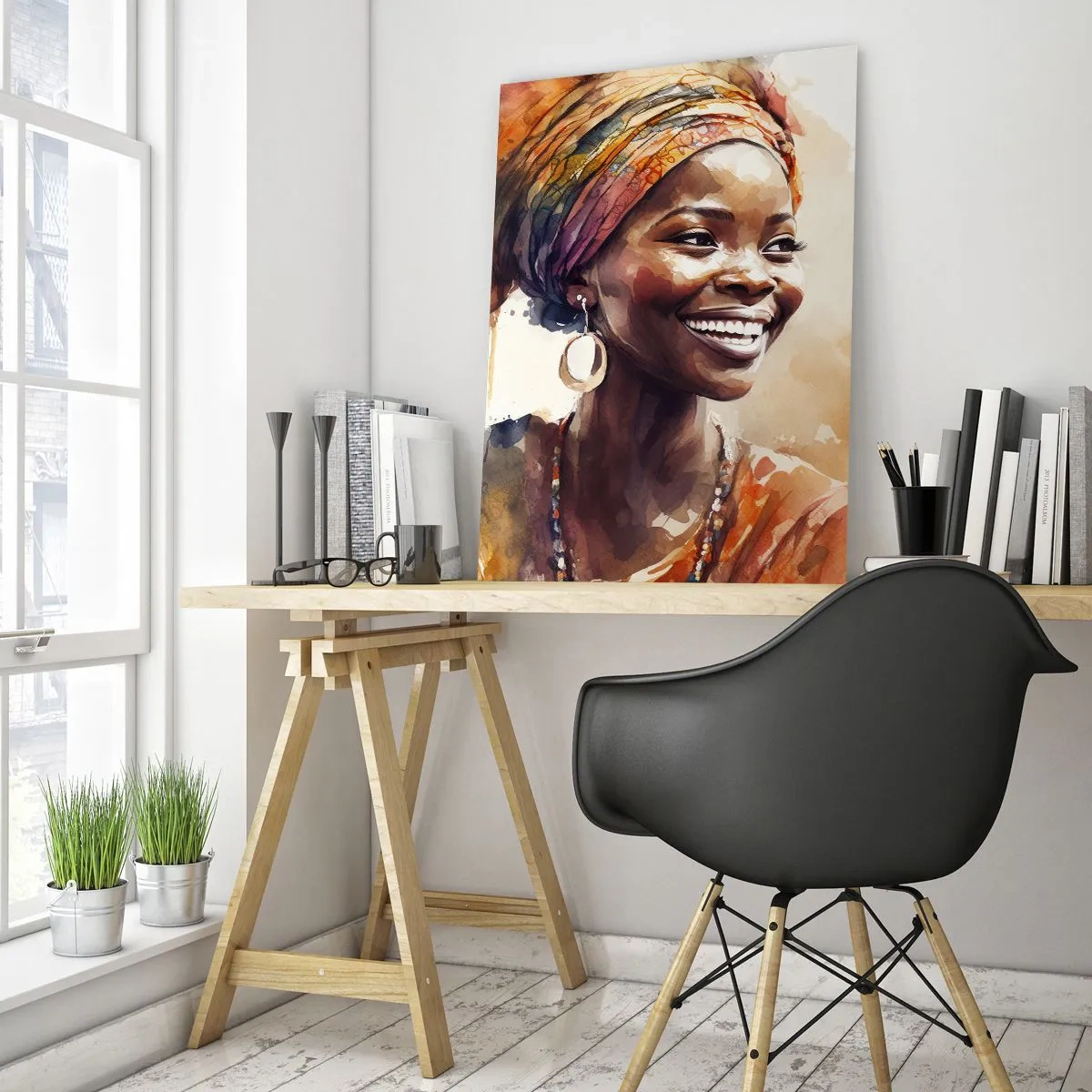 Impression sur verre - Image sur verre - Portrait à l'aquarelle d'une femme souriante portant un turban - 50x70cm - reine africaine - Décoration murale moderne pour le salon et la chambre ARTTOR