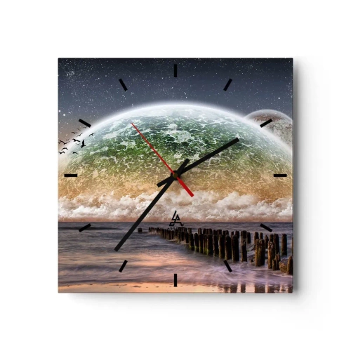 Horloge murale - Pendule murale - Un paysage fantastique avec une grande planète au-dessus de la mer et une jetée en bois. - 30x30cm - Et le monde est sorti de l'eau - Décoration murale moderne pour le salon et la chambre ARTTOR