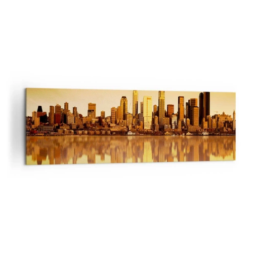 Impression sur toile - Image sur toile - Panorama de la ville reflété dans l'eau au coucher du soleil - 160x50cm - Le silence de la métropole - Décoration murale moderne pour le salon et la chambre ARTTOR