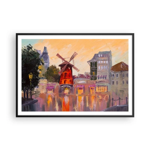 Affiche dans un cadre noir - Poster - Le moulin à vent rouge du Moulin Rouge entouré par le paysage urbain - 100x70cm - Icones parisiennes – le Moulin rouge - Décoration murale moderne pour le salon et la chambre ARTTOR