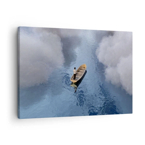 Impression sur toile - Image sur toile - Un homme dans un bateau sur une mer calme entourée de nuages - 70x50cm - Vie – voyage – inconnu - Décoration murale moderne pour le salon et la chambre ARTTOR