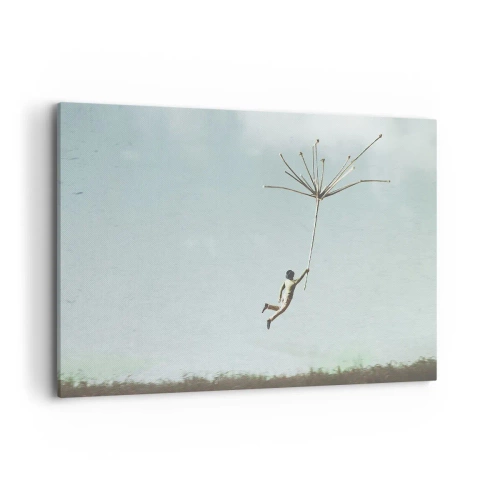 Impression sur toile - Image sur toile - Une silhouette soulevée par une grosse graine de pissenlit - 120x80cm - Cerfs-volants, pissenlits, vent - Décoration murale moderne pour le salon et la chambre ARTTOR