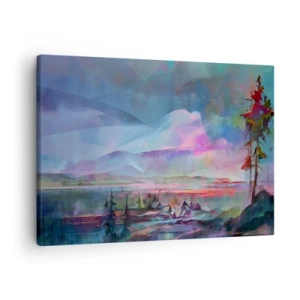 Impression sur toile - Image sur toile - Paysage de montagne avec un ciel coloré et un village - 70x50cm - Sous un ciel bienveillant - Décoration murale moderne pour le salon et la chambre ARTTOR