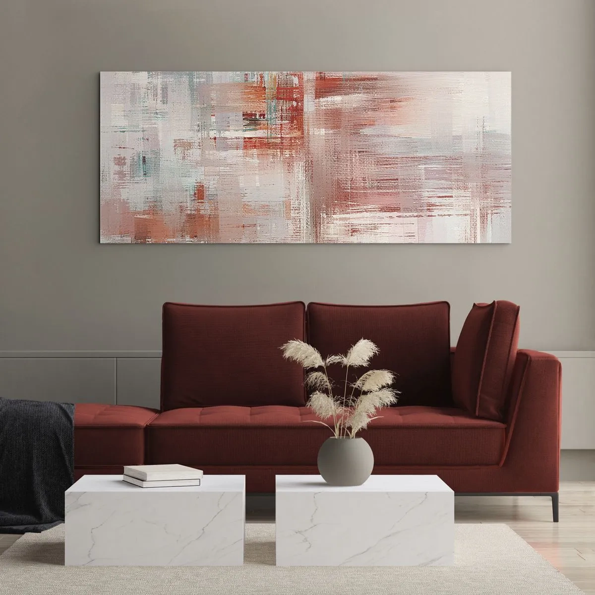 Impression sur verre - Image sur verre - Une composition abstraite avec des nuances de rouge et de couleurs pastel. - 120x50cm - Brumeux. Mais rose - Décoration murale moderne pour le salon et la chambre ARTTOR