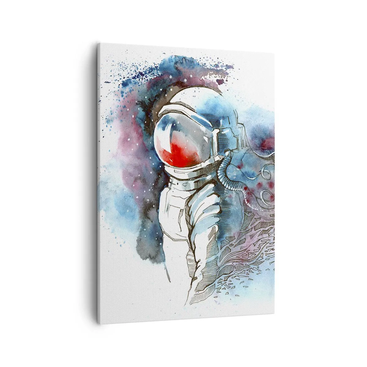 Impression sur toile - Image sur toile - Un cosmonaute dans une aquarelle dynamique avec des détails cosmiques - 50x70cm - Seul avec l'espace - Décoration murale moderne pour le salon et la chambre ARTTOR
