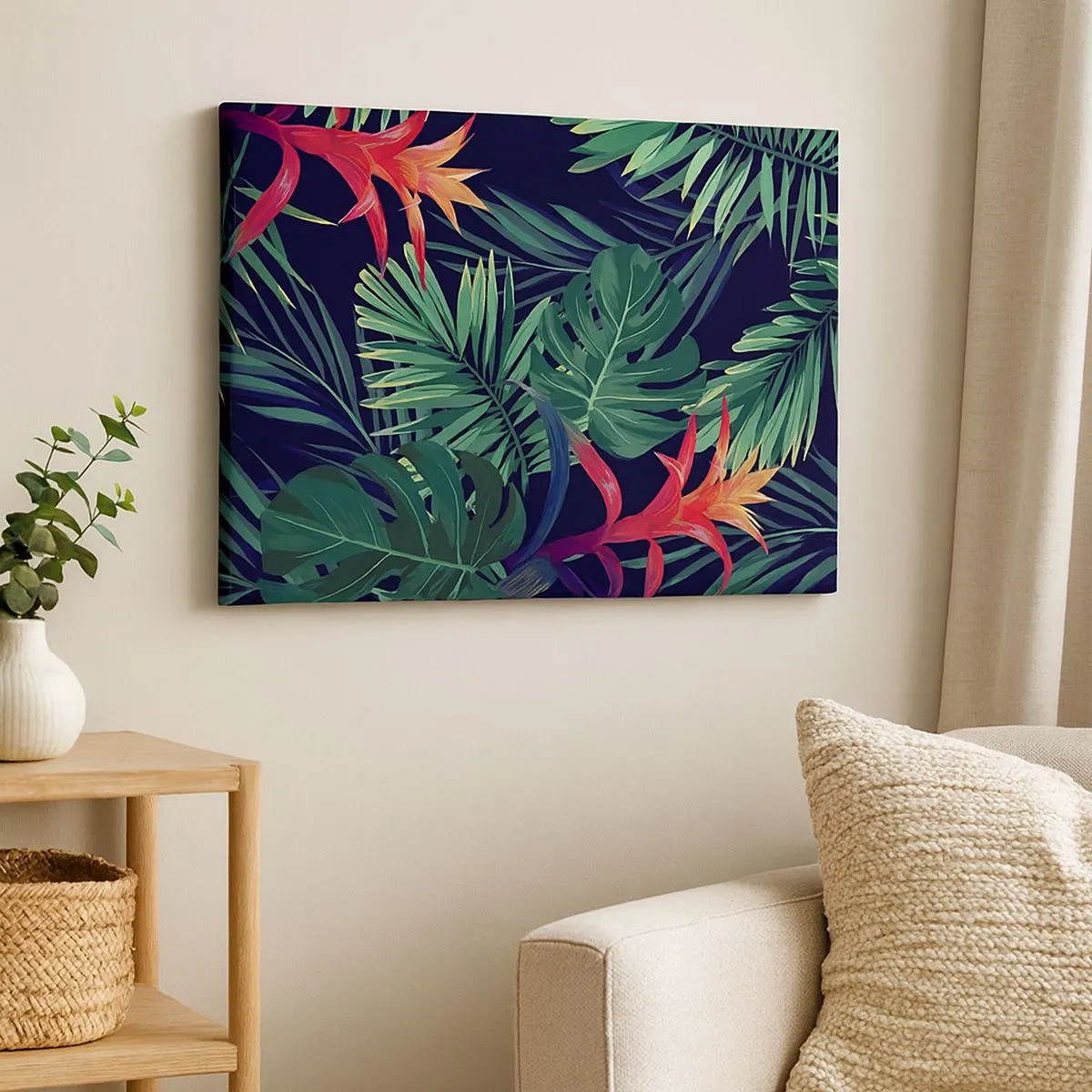 Impression sur toile - Image sur toile - Feuilles et fleurs tropicales sur fond sombre - 70x50cm - immergé dans la nature - Décoration murale moderne pour le salon et la chambre ARTTOR