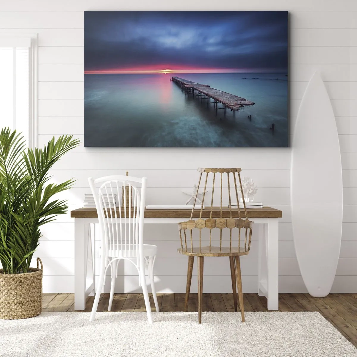 Impression sur toile - Image sur toile - Une jetée en bois menant directement à la mer au coucher du soleil - 100x70cm - Entre le ciel et la terre - Décoration murale moderne pour le salon et la chambre ARTTOR