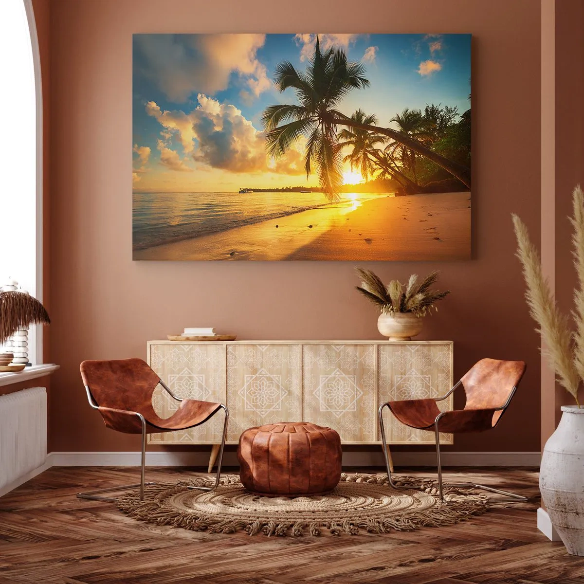 Impression sur toile - Image sur toile - Plage au coucher du soleil avec des palmiers au bord de la mer - 70x50cm - Rêve caribéen - Décoration murale moderne pour le salon et la chambre ARTTOR
