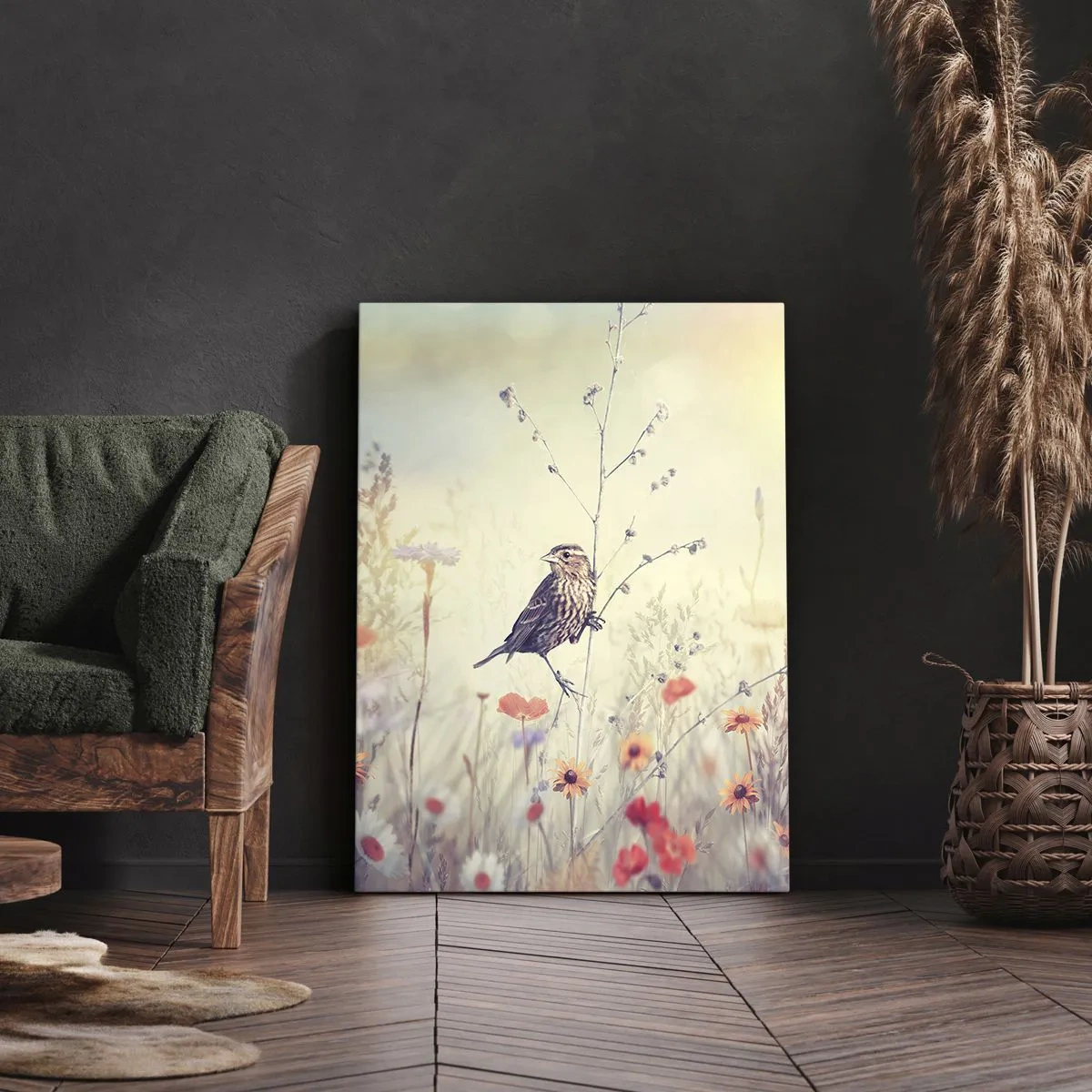 Impression sur toile - Image sur toile - Portrait d'oiseau sur pré en fond - 45x80 cm