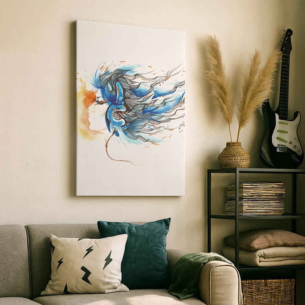 Impression sur toile - Image sur toile - Graphique artistique d'une femme portant des écouteurs avec des accents musicaux - 50x70cm - Que la musique joue - Décoration murale moderne pour le salon et la chambre ARTTOR