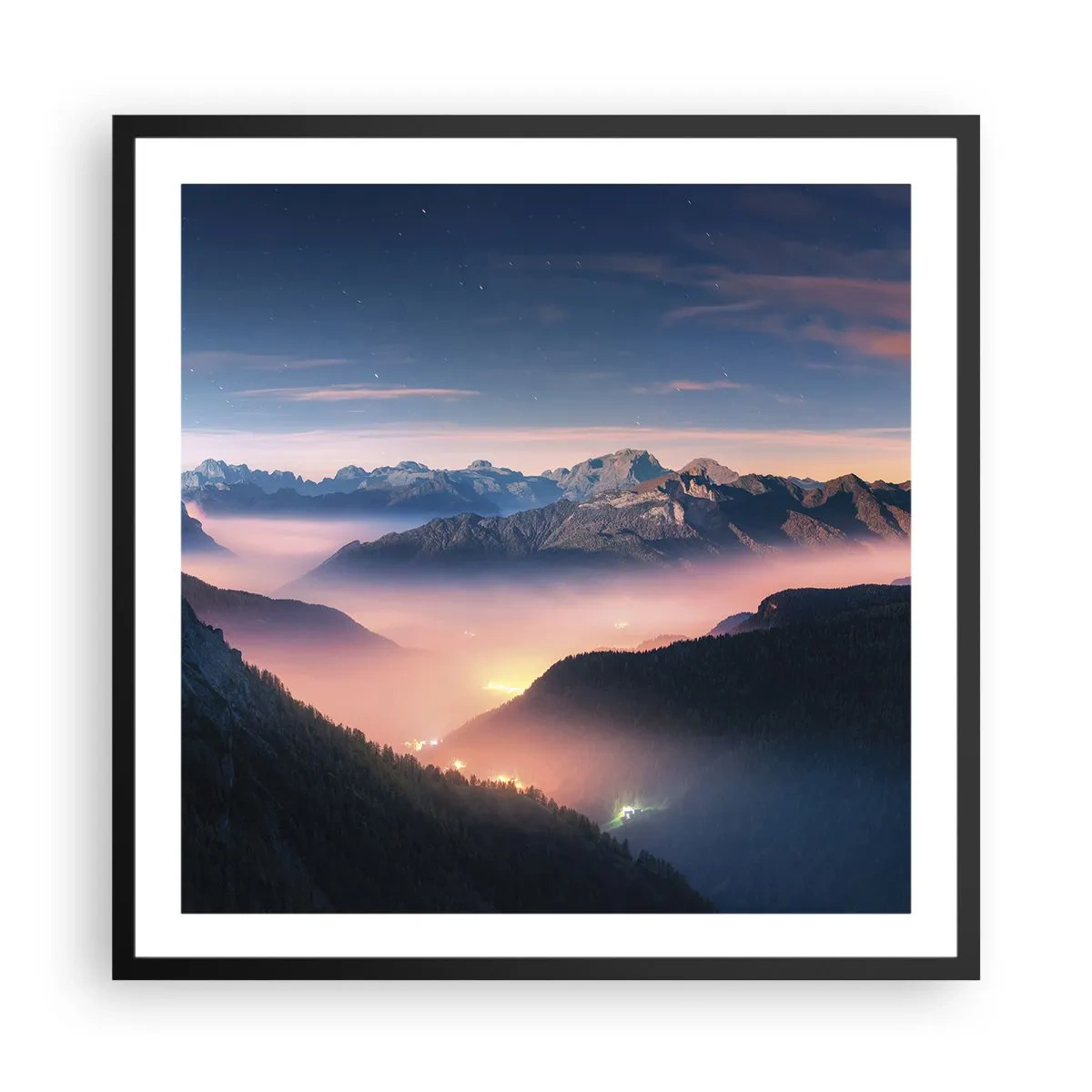 Affiche dans un cadre noir - Poster - Lumière dans les vallées - 60x60 cm