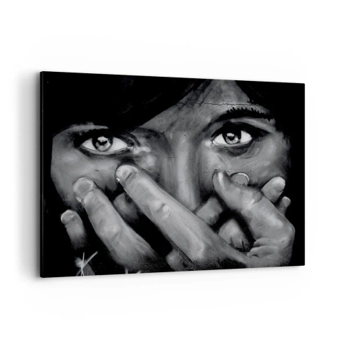 Impression sur toile - Image sur toile - Portrait en noir et blanc d'une femme se couvrant le visage avec ses mains. - 120x80cm - Je ne dirai pas qui a peint - Décoration murale moderne pour le salon et la chambre ARTTOR