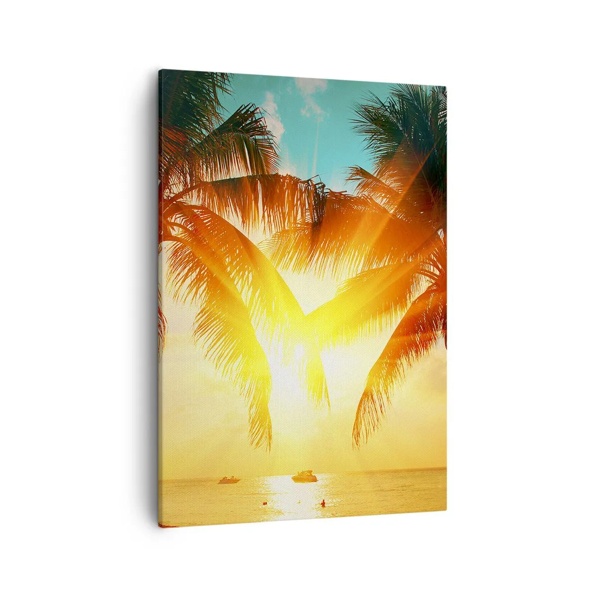 Impression sur toile - Image sur toile - Palmiers illuminés par la chaude lumière du soleil couchant - 50x70cm - Couple exotique - Décoration murale moderne pour le salon et la chambre ARTTOR