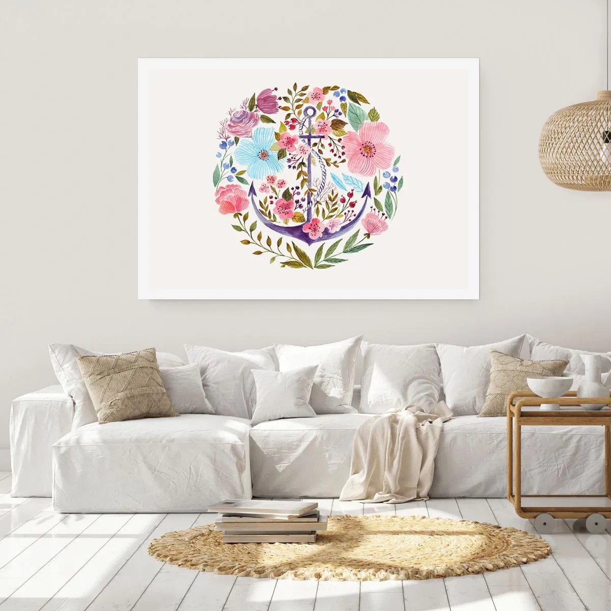 Affiche - Poster - Une ancre entourée de fleurs à l'aquarelle sur un fond clair - 100x70cm - Le beau rêve du marin - Décoration murale moderne pour le salon et la chambre ARTTOR