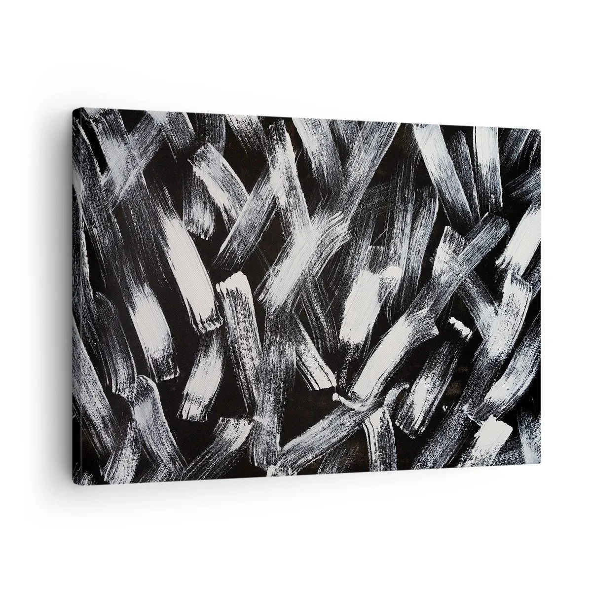 Impression sur toile - Image sur toile - Abstraction dynamique avec des coups de pinceau blancs sur fond noir. - 70x50cm - L'abstraction dans l'esprit industriel - Décoration murale moderne pour le salon et la chambre ARTTOR
