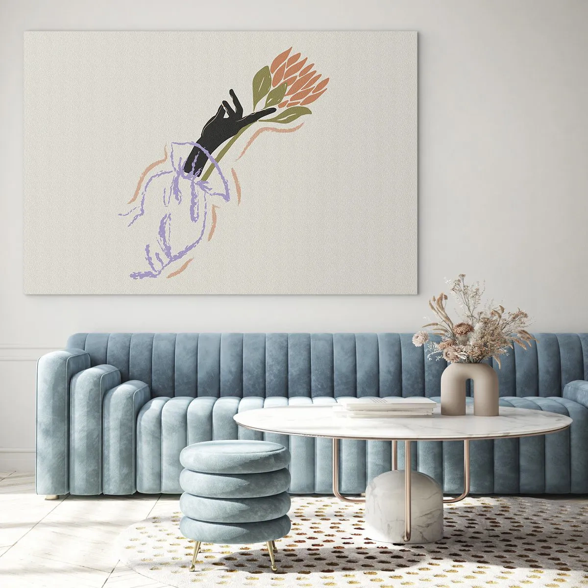 Impression sur verre - Image sur verre - Une main stylisée avec un bouquet de fleurs dessiné avec des lignes pastel. - 70x50cm - Touche fraternelle - Décoration murale moderne pour le salon et la chambre ARTTOR
