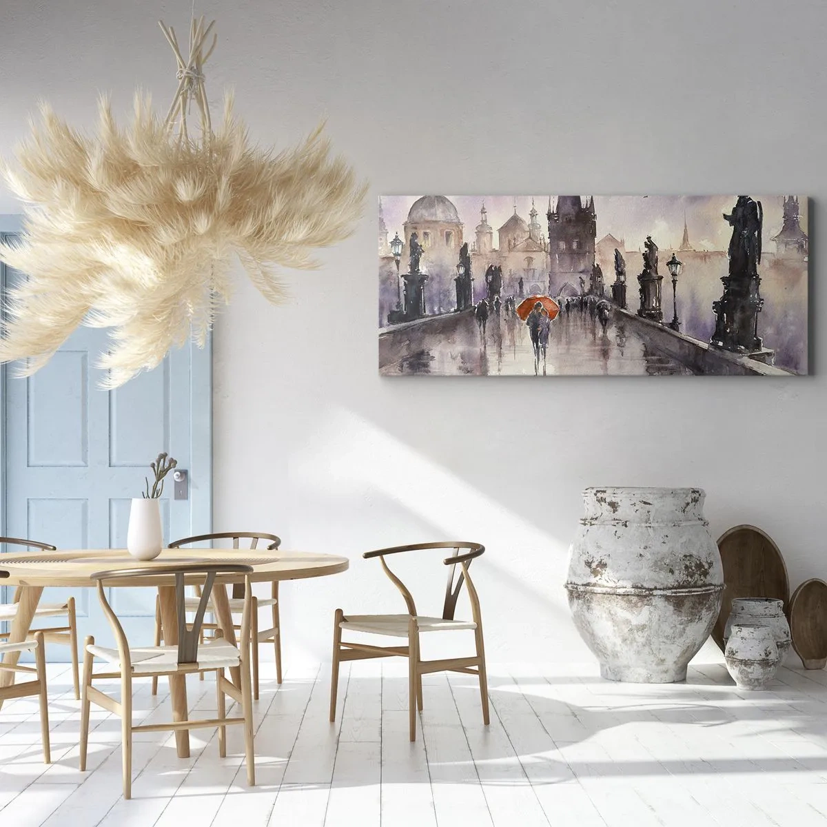 Impression sur toile - Image sur toile - Vue romantique d'un pont avec un parapluie sur fond de ville en soirée - 160x50cm - Les gens ne changent pas - Décoration murale moderne pour le salon et la chambre ARTTOR