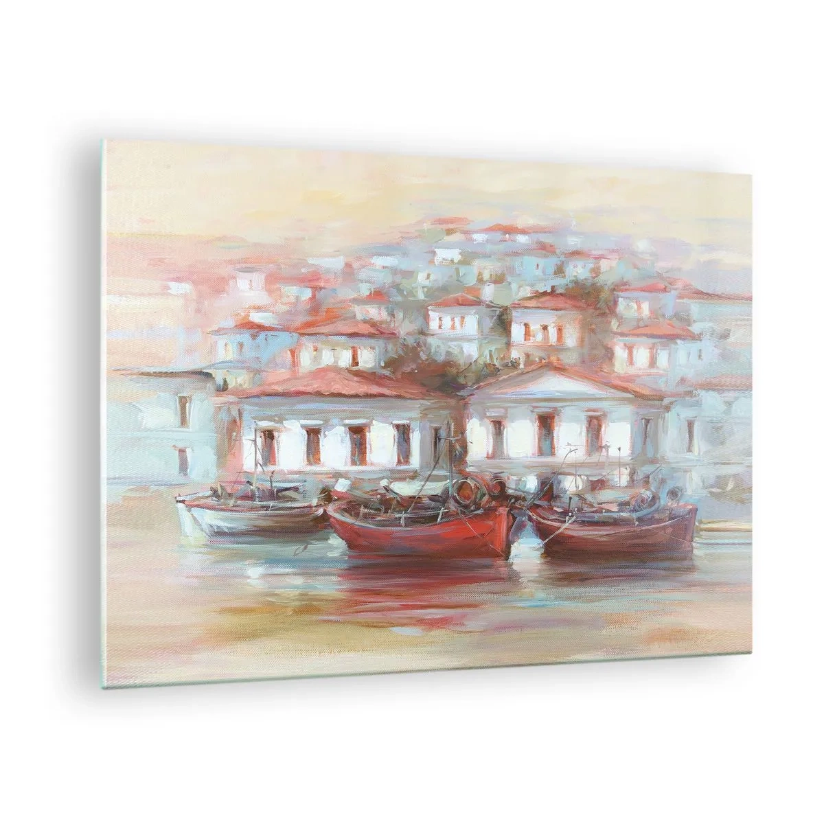 Impression sur verre - Image sur verre - Une ville pittoresque avec des bateaux dans le port au coucher du soleil - 70x50cm - Petite ville heureuse - Décoration murale moderne pour le salon et la chambre ARTTOR