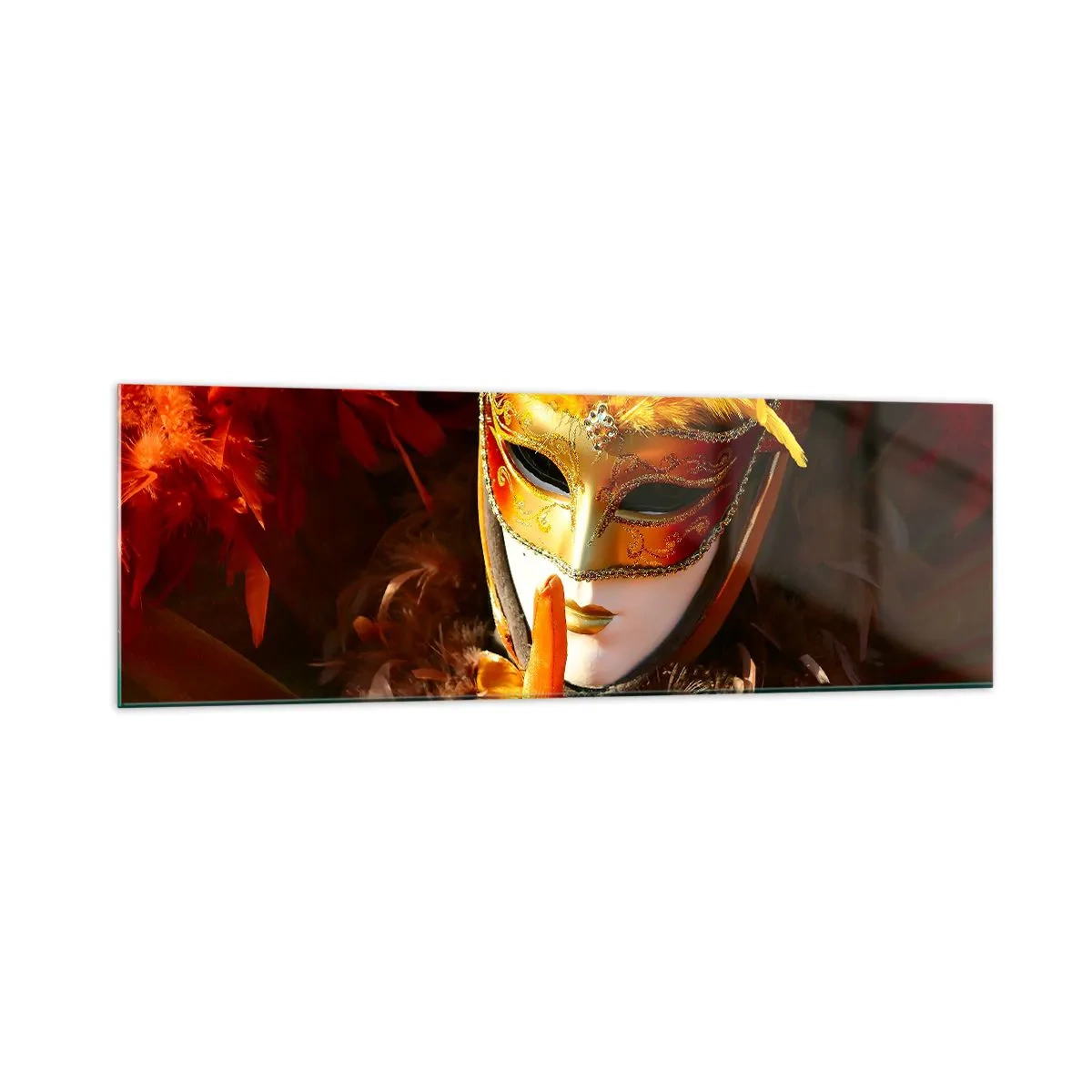 Impression sur verre - Image sur verre - Masque de carnaval aux tons or et orange - 160x50cm - Le secret est une partie du jeu - Décoration murale moderne pour le salon et la chambre ARTTOR