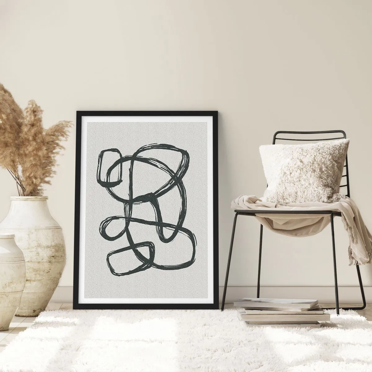 Affiche dans un cadre noir - Poster - Ligne noire abstraite sur fond clair - 50x70cm - Abstraction en boucle - Décoration murale moderne pour le salon et la chambre ARTTOR