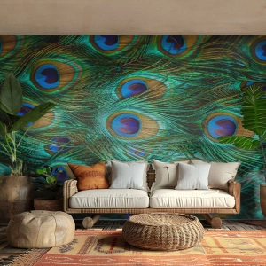 Papier Peint Photo Standard Eco - Un regard de paon - Abstraction, Plumes de paon, Plume oiseau - 250x175 cm
