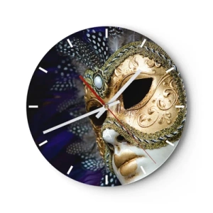 Horloge murale - Pendule murale - Masque vénitien doré avec plumes - 30x30cm - Portrait vénitien en or - Décoration murale moderne pour le salon, la cuisine et la chambre ARTTOR
