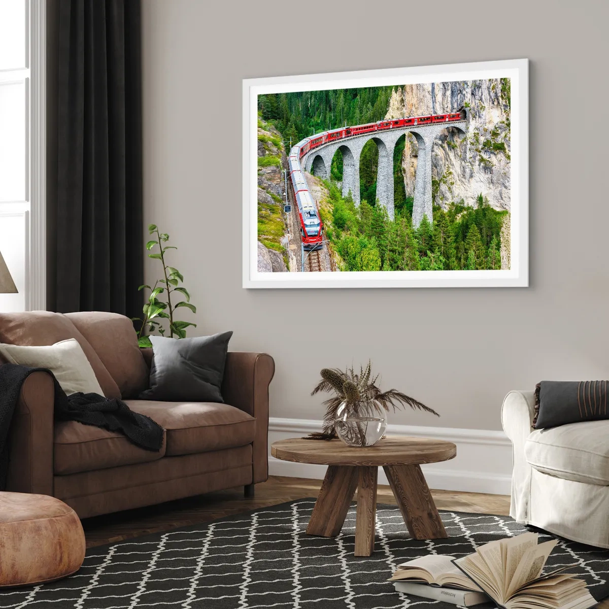 Affiche dans un cadre blanc - Poster - Chemin de fer avec vue sur la montagne - 100x70 cm
