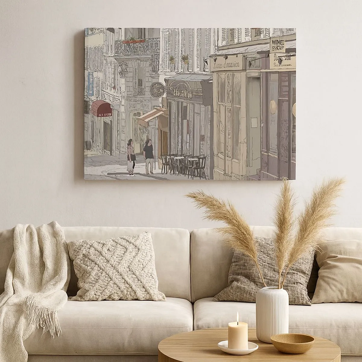 Impression sur toile - Image sur toile - Illustration d'une rue de la ville avec des cafés et des magasins - 70x50cm - Joie de la ville - Décoration murale moderne pour le salon et la chambre ARTTOR