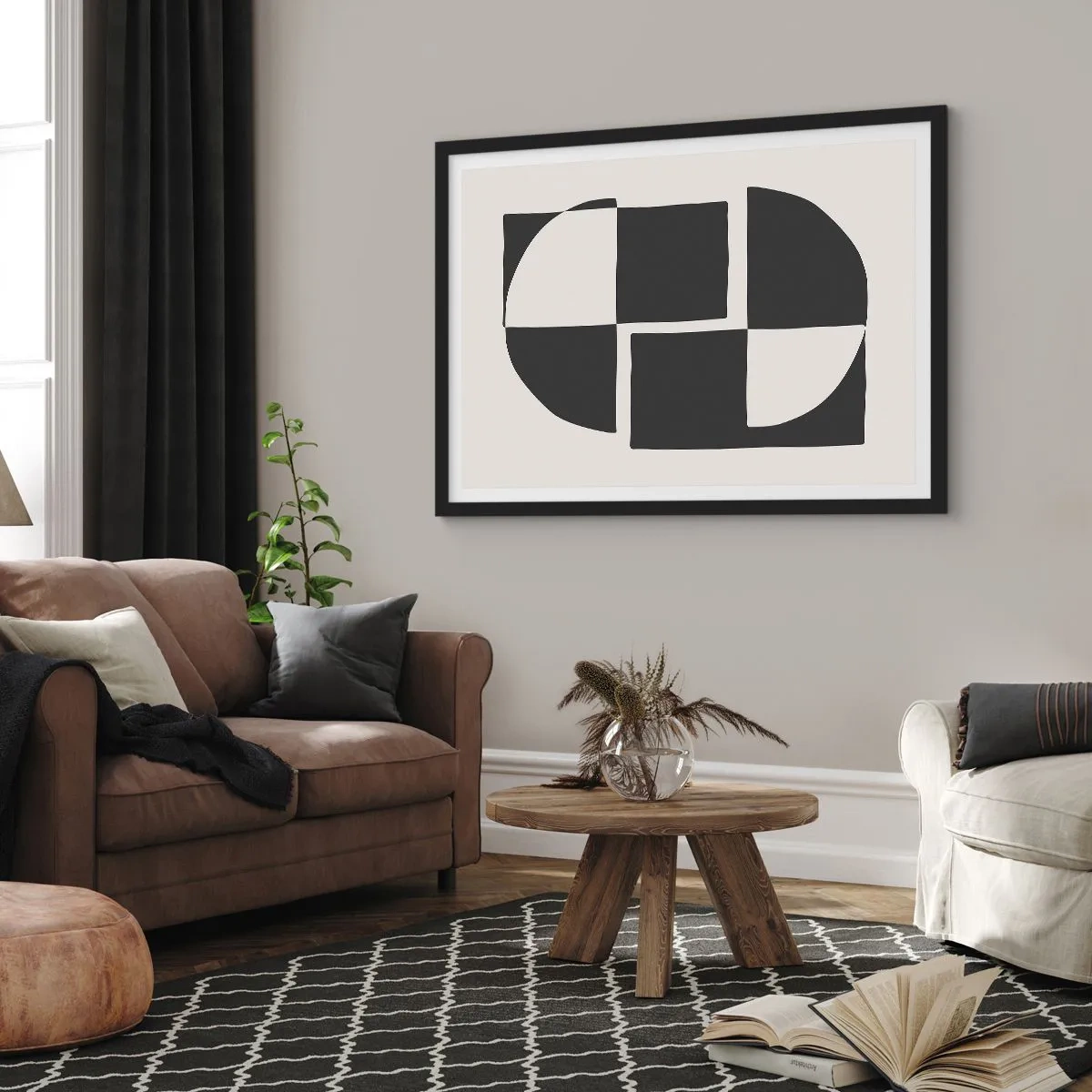 Affiche dans un cadre noir - Poster - Formes géométriques abstraites en noir et blanc - 100x70cm - Antithèse - Synthèse - Décoration murale moderne pour le salon et la chambre ARTTOR