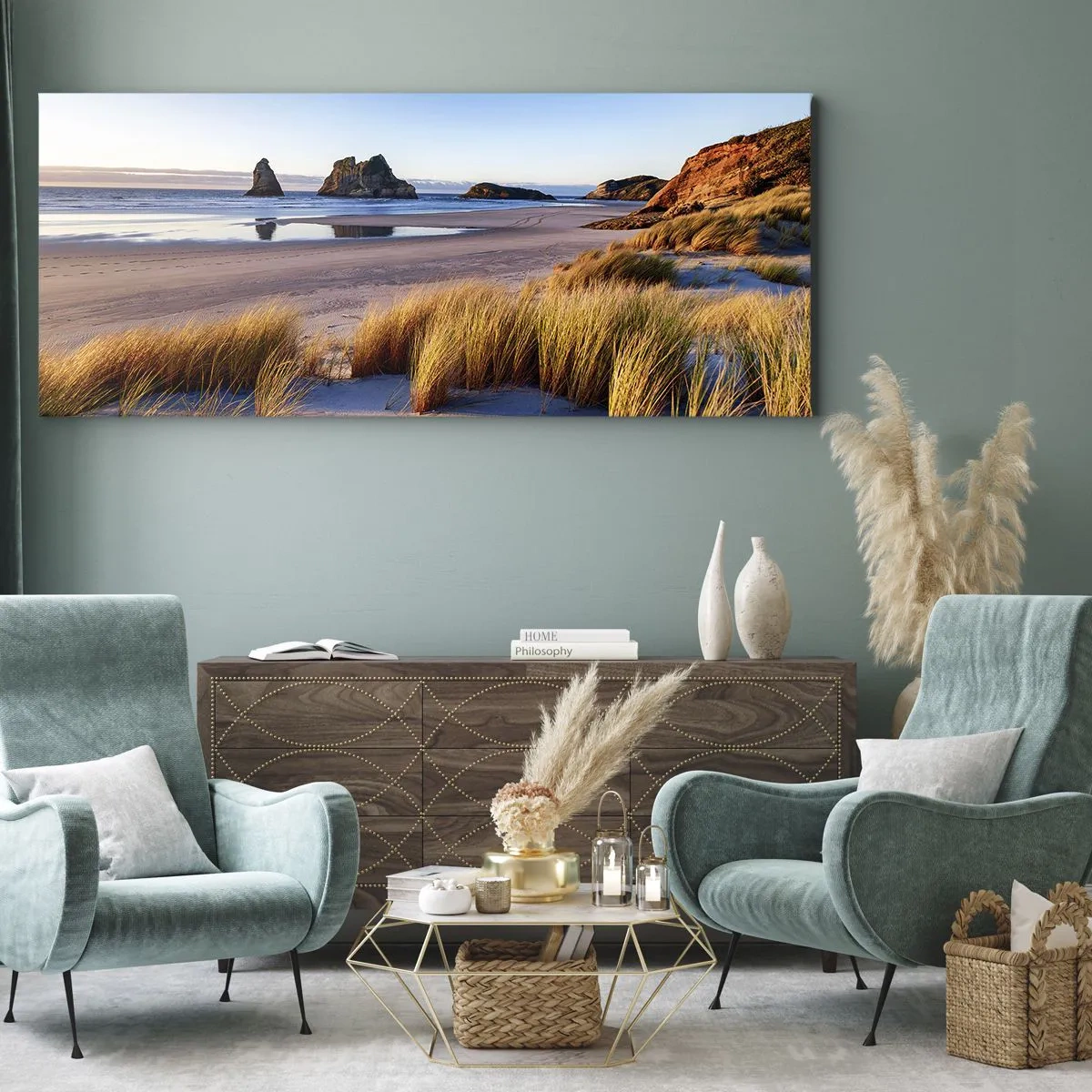 Impression sur toile - Image sur toile - Une plage pittoresque avec vue sur les rochers et la mer au coucher du soleil - 140x50cm - Pour les chercheurs de paix - Décoration murale moderne pour le salon et la chambre ARTTOR