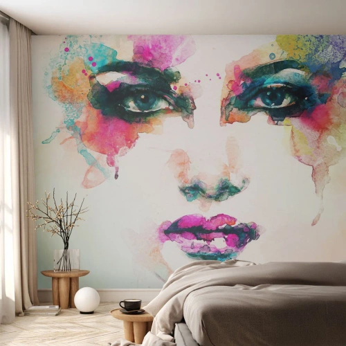 Papier Peint Photo Premium Canvas - Un portrait peint avec un arc-en-ciel - Abstraction, Visage de femme, Morceau - 250x175 cm