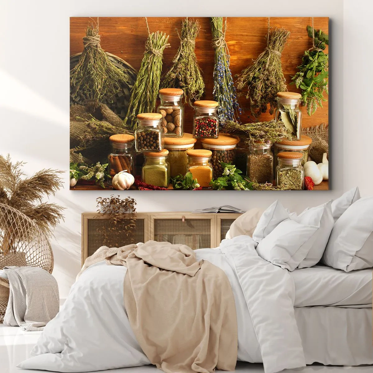 Impression sur toile - Image sur toile - Herbes et épices en pots sur fond rustique - 100x70cm - Sortilèges de cuisine - Décoration murale moderne pour le salon et la chambre ARTTOR