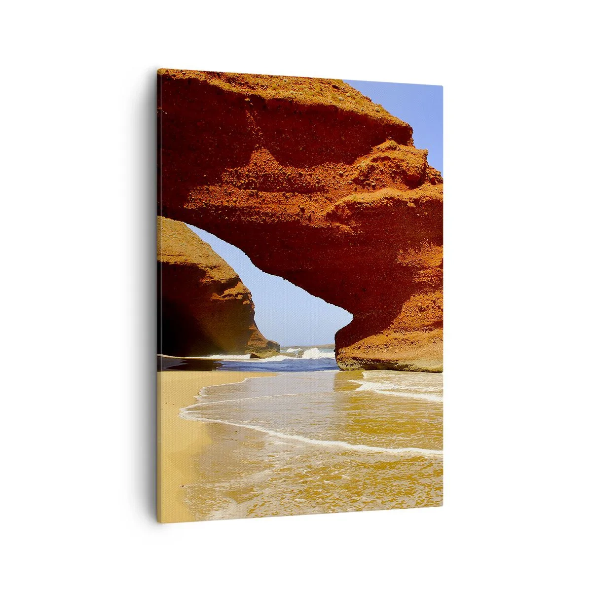 Impression sur toile - Image sur toile - Une arche rocheuse naturelle sur une plage avec un ciel bleu et des vagues - 50x70cm - L'eau et le vent depuis des milliers d'années - Décoration murale moderne pour le salon et la chambre ARTTOR