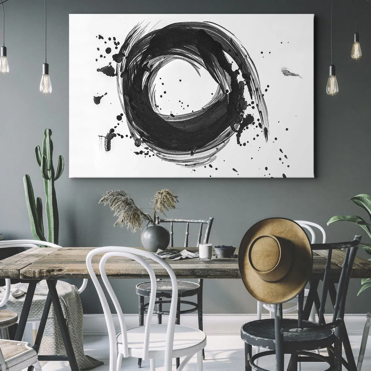 Impression sur toile - Image sur toile - Abstraction noire en forme de cercle sur fond blanc - 70x50cm - Le tourbillon de la création - Décoration murale moderne pour le salon et la chambre ARTTOR