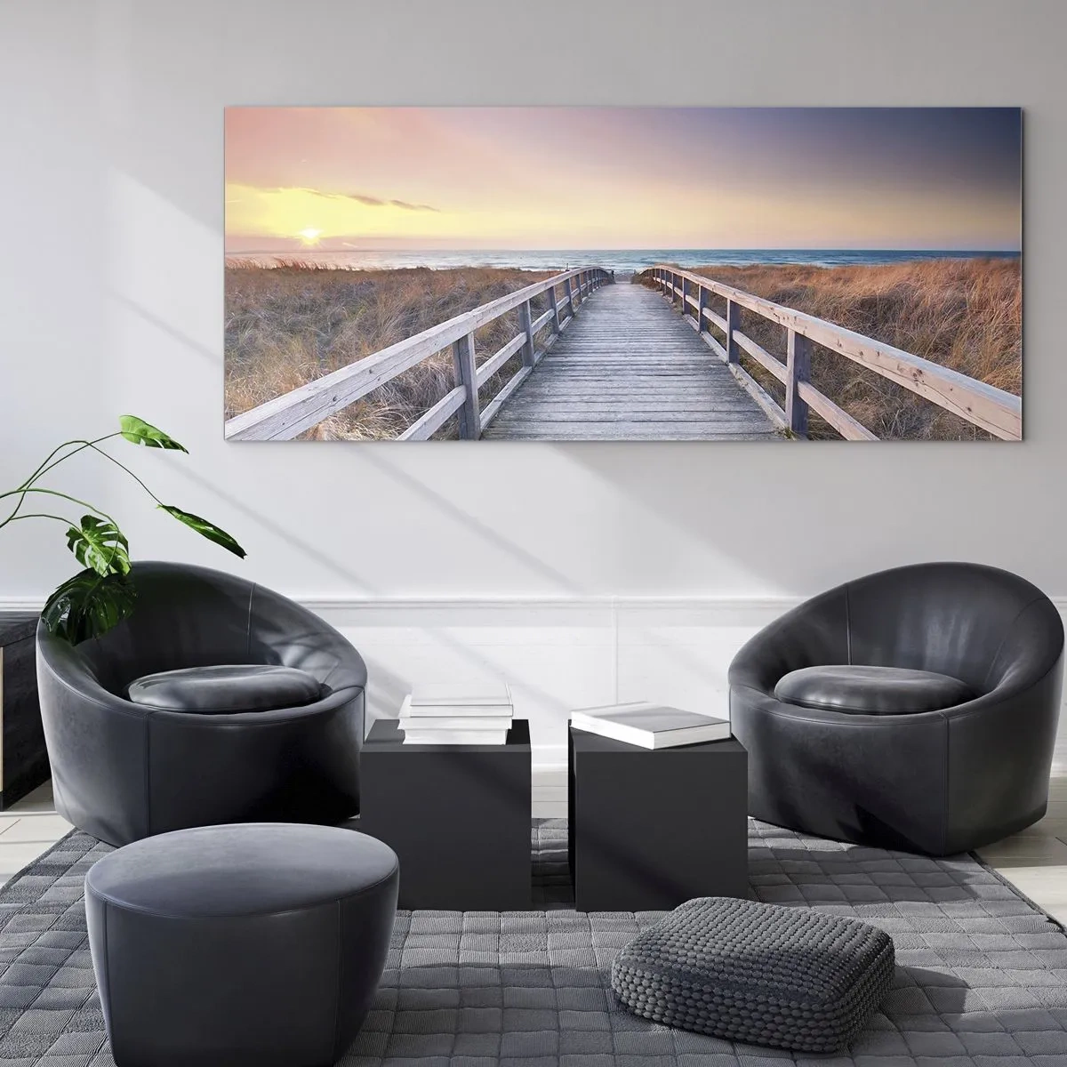 Impression sur verre - Image sur verre - Une jetée en bois menant à la plage au coucher du soleil avec le ciel peint de couleurs pastel. - 140x50cm - Aurore baltique du soir - Décoration murale moderne pour le salon et la chambre ARTTOR