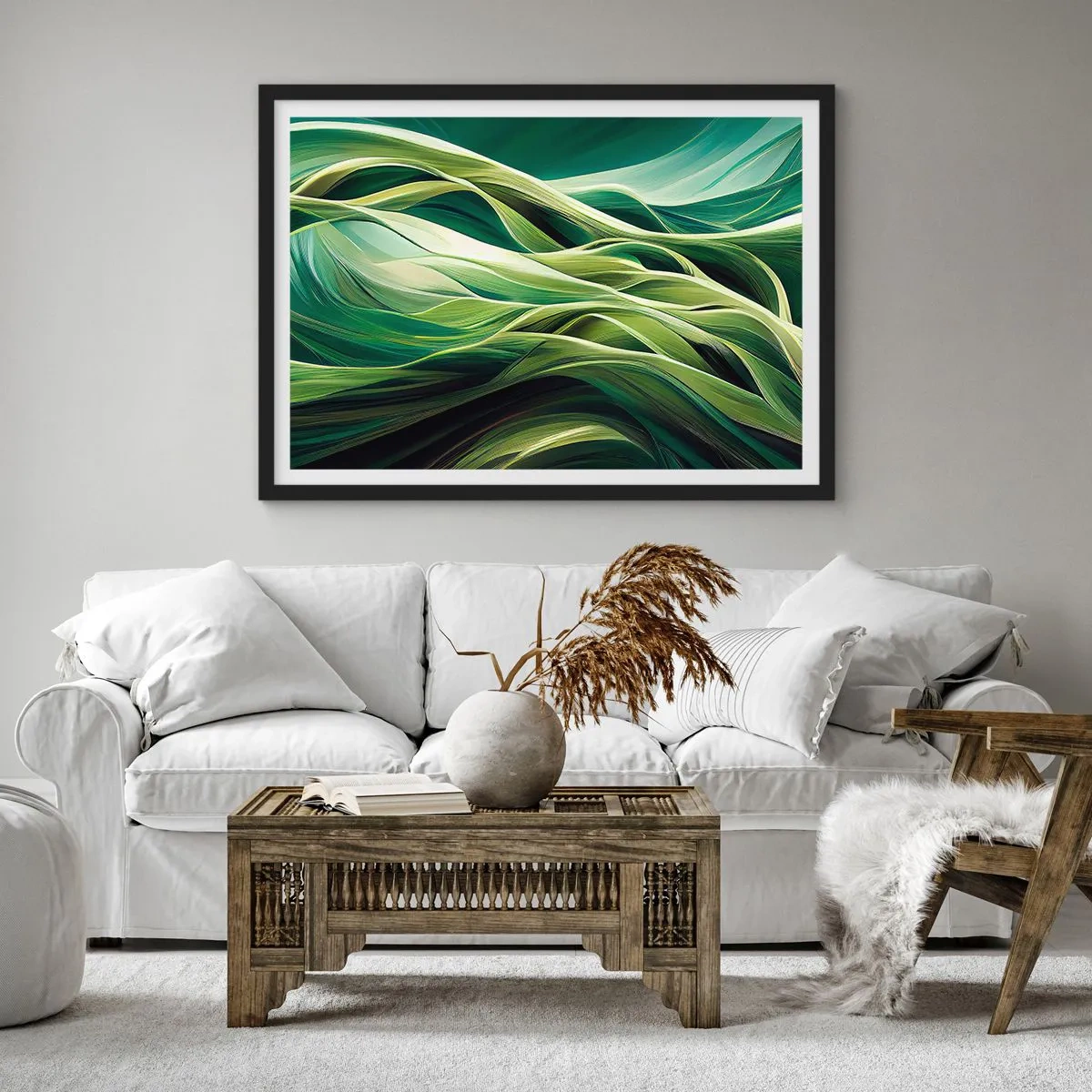 Affiche dans un cadre noir - Poster - Lignes dynamiques dans des tons de vert - 70x50cm - Jeu de vert abstrait - Décoration murale moderne pour le salon et la chambre ARTTOR