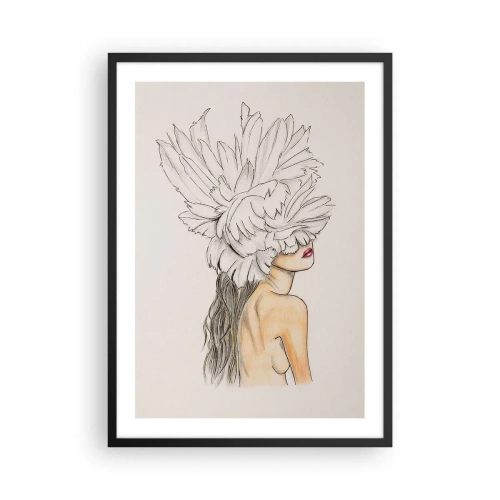 Affiche dans un cadre noir - Poster - Portrait d'une femme avec un chapeau de plumes dans un style artistique - 50x70cm - Beauté couronnée - Décoration murale moderne pour le salon et la chambre ARTTOR