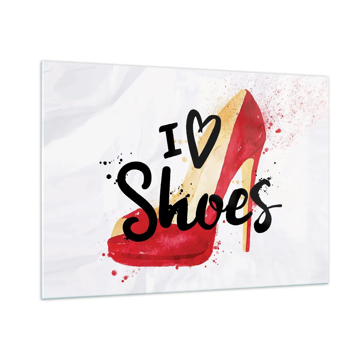 Impression sur verre - Image sur verre - Un talon haut rouge et les mots « J'aime les chaussures » sur un fond clair - 100x70cm - L'amour a plusieurs noms - Décoration murale moderne pour le salon et la chambre ARTTOR