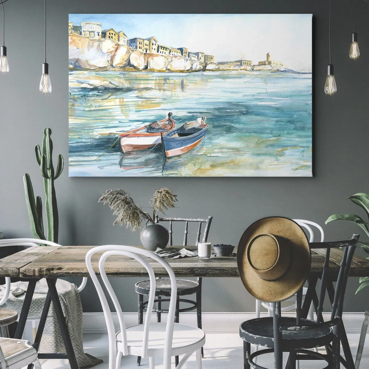 Impression sur toile - Image sur toile - Un paysage balnéaire pittoresque avec des bateaux sur l'eau - 100x70cm - Paysage dans l'azur - Décoration murale moderne pour le salon et la chambre ARTTOR