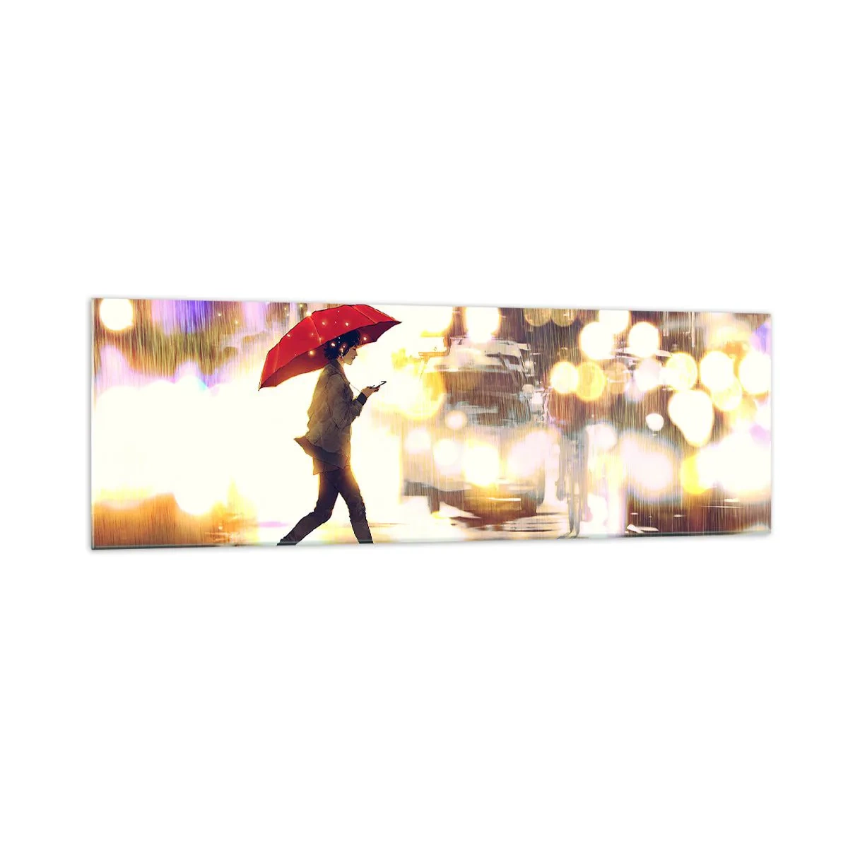 Impression sur verre - Image sur verre - Une silhouette avec un parapluie rouge dans la rue sous la pluie - 160x50cm - Et pourtant ensoleillé - Décoration murale moderne pour le salon et la chambre ARTTOR
