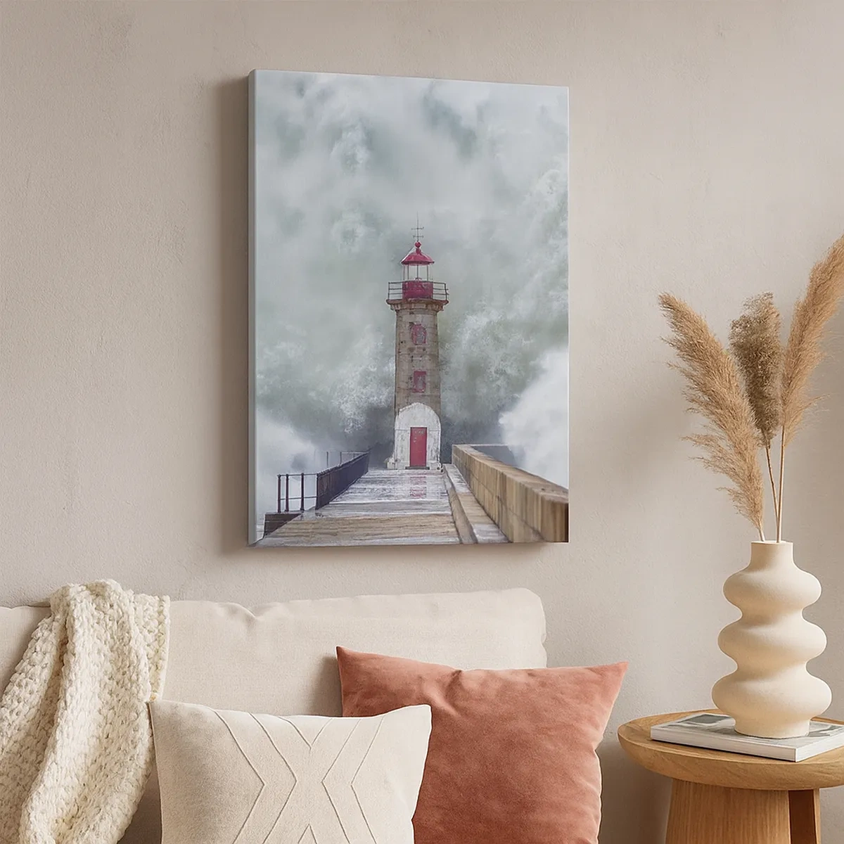 Impression sur toile - Image sur toile - Un phare entouré de vagues agitées - 50x70cm - Le rugissement des eaux, le bruit soufflera - Décoration murale moderne pour le salon et la chambre ARTTOR