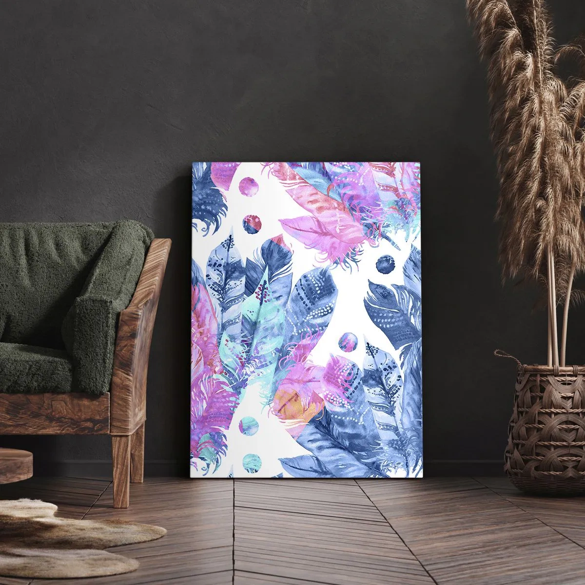 Impression sur toile - Image sur toile - Motif abstrait avec des plumes colorées dans des tons pastel - 50x70cm - Plumes en rose et bleu - Décoration murale moderne pour le salon et la chambre ARTTOR